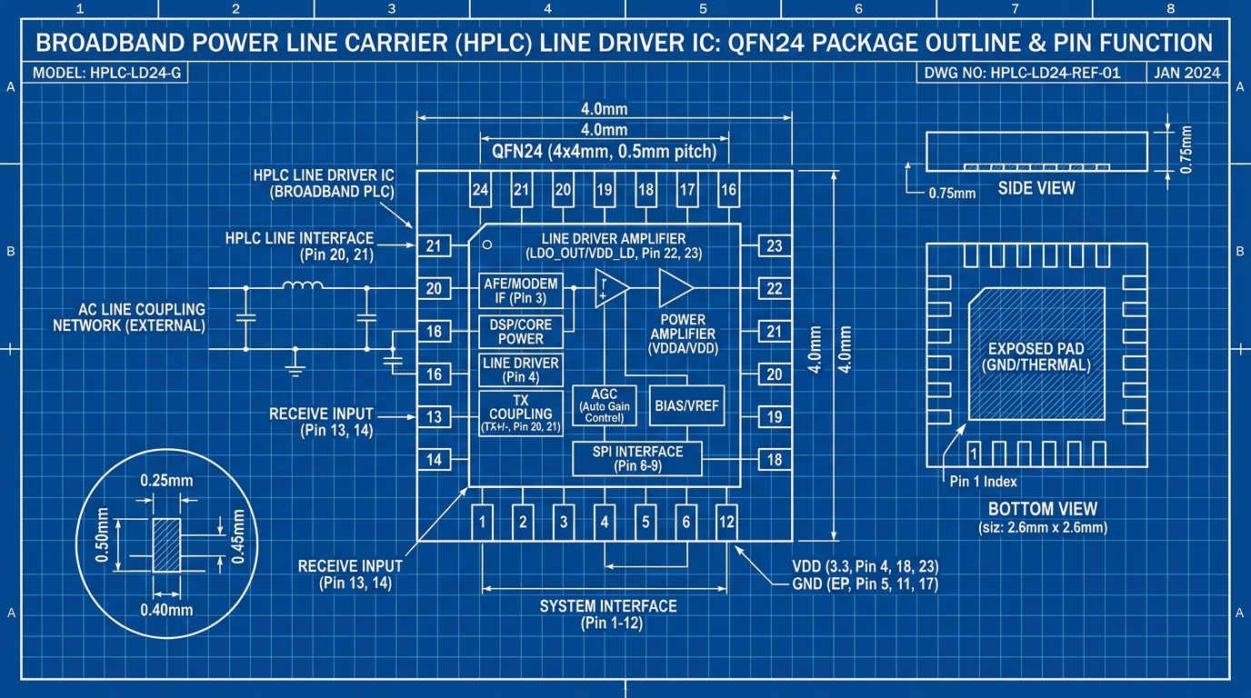 Broadband power line carrier line driver IC, QFN24 package outline reference diagram